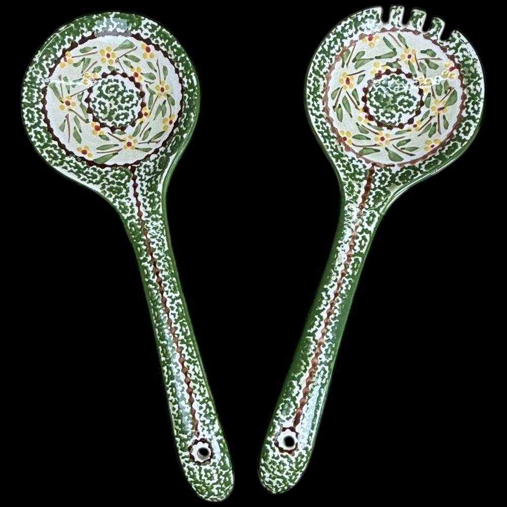 Temptations Old World Green Salad Server Utensil Set 10" Floral Pattern 2 Pc